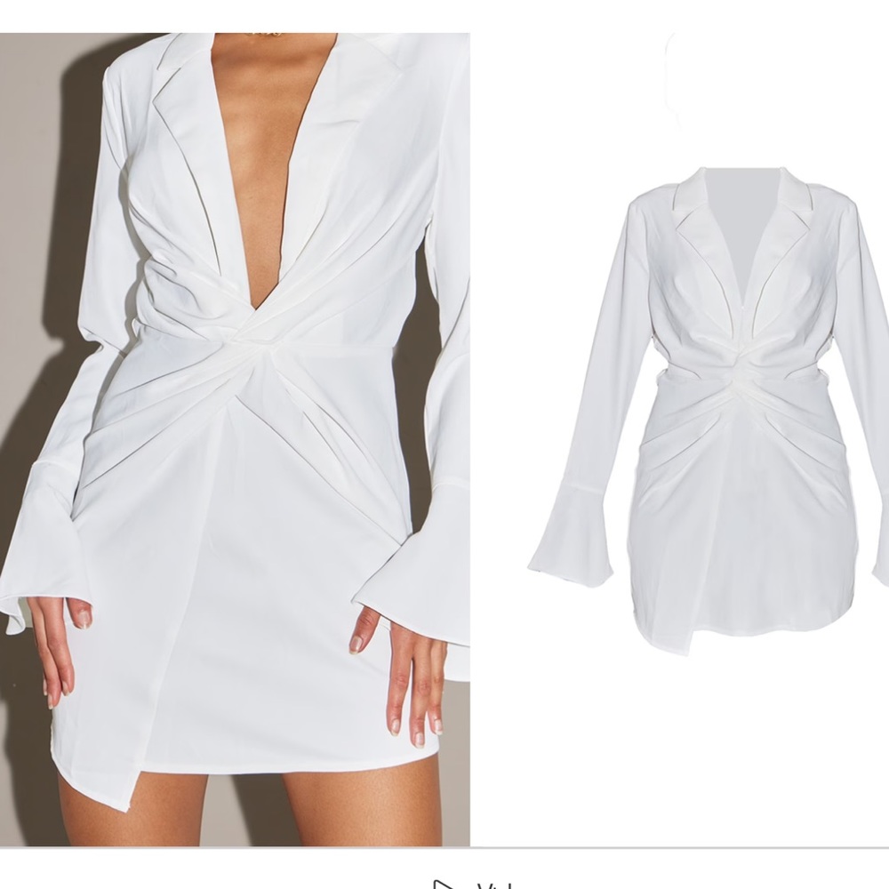 PrettyLittleThing Vhite Twist Detail Lapel Collar Shirt Dress